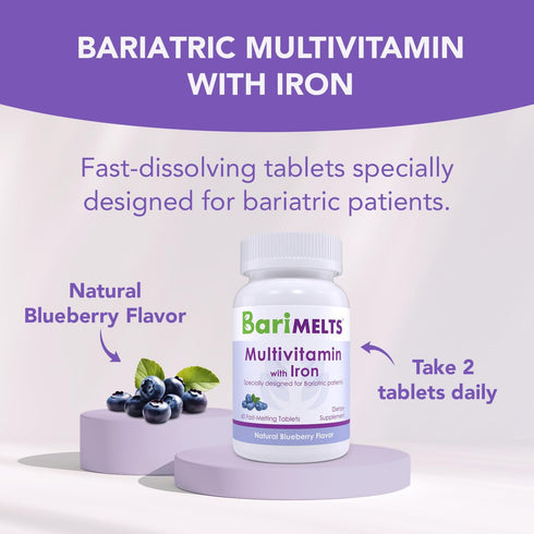 BariMelts Bariatric Multivitamin with Iron - 1 Month Supply (60 Fast-Dissolving Tablets) - Sugar-Free - Post-Op Bariatric Vitamins - Natural Blueb...