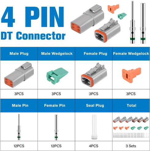Nilight 4 PIN DT Connector Kit 3 Sets Size 16 Solid Contacts Waterproof Male Female Terminal for 14-20 AWG DT Series Connector Car Truck Motorcycl...