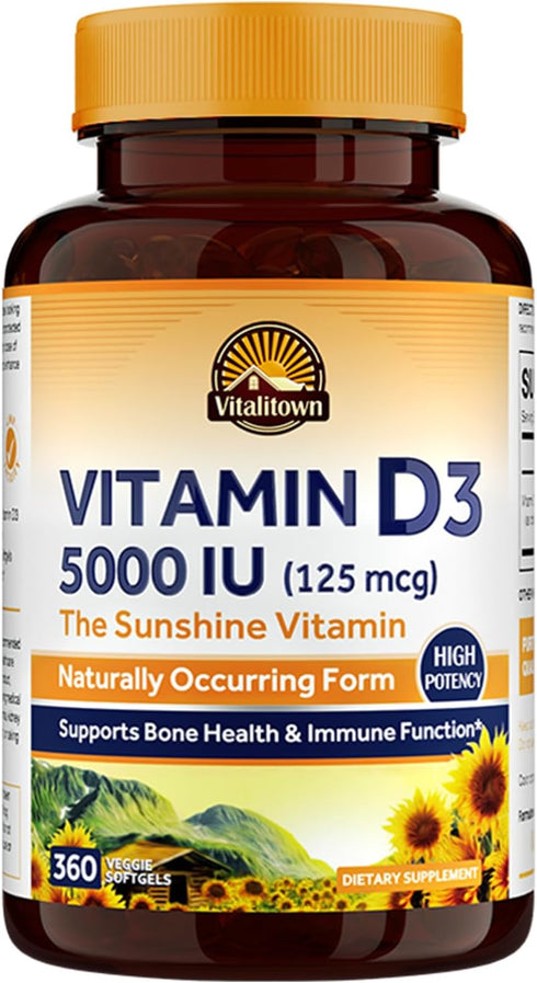 VITALITOWN Vitamin D3 5000 IU (125 mcg), Supports Bone, Immune, Teeth, Muscle & Nerve Health, D3 Vitamin, Easy-to-Swallow, Vegetarian, 360 Softgel...