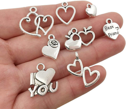 WOCRAFT 100 pcs Mix Antique Silver Heart Beads Charms for Jewelry Making Valentine's Day Wedding Heart Charms (M602-Charms)...