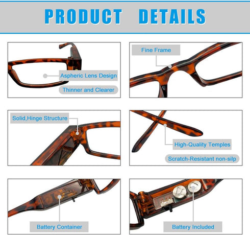 2 Pcs Reading Glasses with Lights Led Readers Fashion Glasses for Reading for Men Women Lighted Magnifier Nighttime Reader Compact Full Frame Eyew...