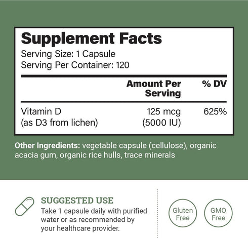 Vegan Vitamin D3 5000 iu Supplement - Pure, High Potency D3 Vitamin 5000 iu Supplements For Immune Health & Strong Bones Support - Vitamin D 5000 ...
