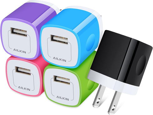 USB Wall Charger Plug, Fast Charging Block, AILKIN 5Pack 1A 1-Port Power Adapter Charging Cube Bricks Box for iPhone 15 14 13 12 Mini Pro Max/11/X...
