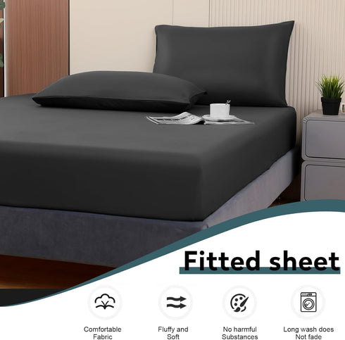 Toodou Soft Brushed Microfiber Black Twin Size Fitted Sheet-Comfortable and Durable Fitted Sheets-The Mattress Covers Made of Premium Fabric Which...