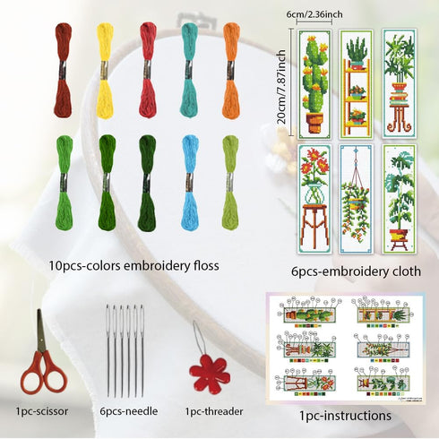 ORIGACH 6 Set Green Plants Cross Stitch Bookmark Kit for Beginner with Backing Felt Floss Instructions DIY Stamped Embroidery Bookmark Kit for Adu...