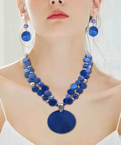 Layered Beads Statement Fashion Necklace Chunky Jewelry Set Big Colorful Glass Stone Circle Shell Pendant Choker Necklace and Earring Set for Wome...