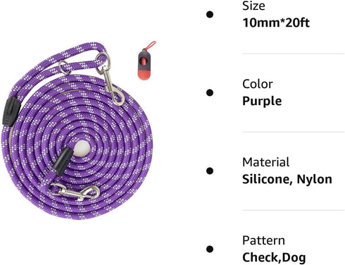 Long Rope Dog Leash for Dog Training 12FT 20FT 30FT 50FT, Reflective Threads Dog Leashes Tie-Out Check Cord Recall Training Agility Lead for Large...