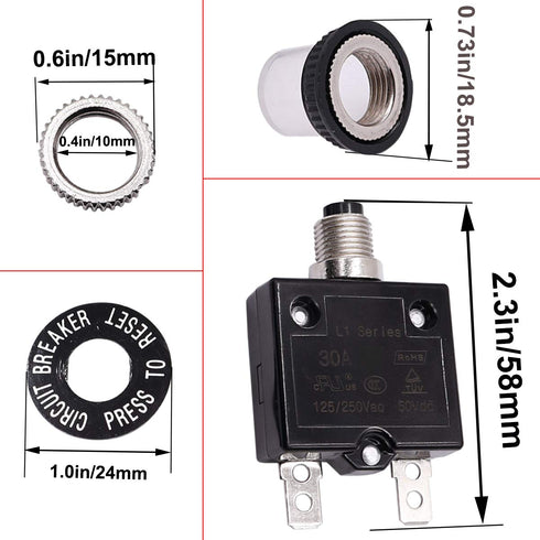 smseace 3Amp Electric Button Breaker 125/250VAC,Thermal Overload Protector L1 Series with Manual Reset, Waterproof Button Cap L1-3A...