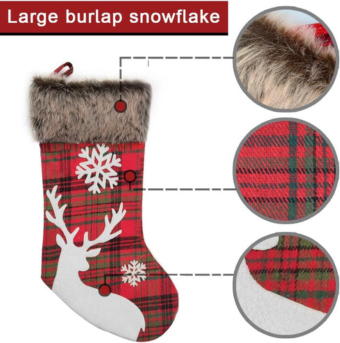 Christmas Stockings 2022, 18 Inches Burlap with Large Plaid Snowflake and Plush Faux Fur Cuff Stockings, for Home Decor (2 Pcs Plaid Snowflake)...