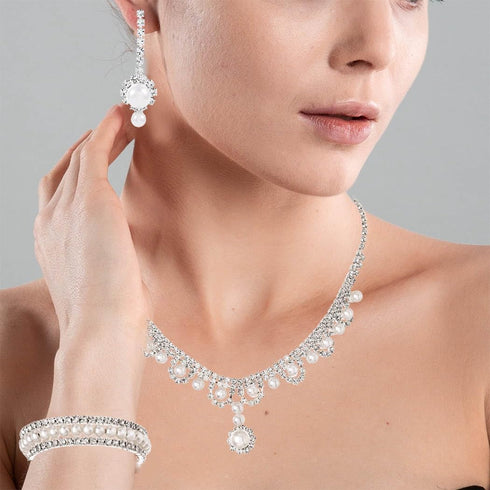 Urieo 3 PCS Pearl Bridal Jewelry Set Silver Rhinestone Necklace Drop Earrings Bangle Bracelet Elegant Costume Wedding Jewelry Accessories Prom Par...
