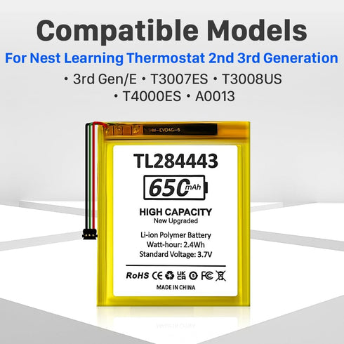 TL284443 Battery, 650mAh (2024 Upgraded) High Capacity Li-ion Polymer Replacement Battery for Nest Learning Thermostat 2nd 3rd, fit T3007ES,T3008U...