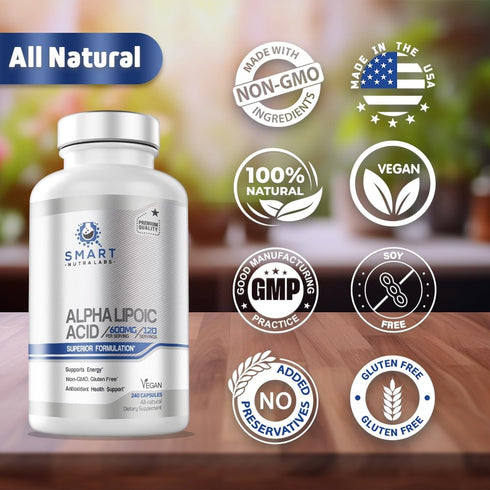 Alpha Lipoic Acid 600mg Per Serving, 240 Vegan Capsules- Gluten Free, Pure Non-GMO ALA- Supports Energy & Anti Oxidant...