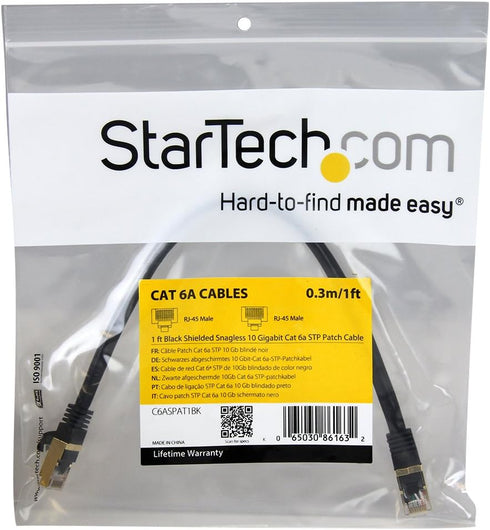 StarTech.com 1ft CAT6a Ethernet Cable - 10 Gigabit Shielded Snagless RJ45 100W PoE Patch Cord - 10GbE STP Network Cable w/Strain Relief - Black Fl...