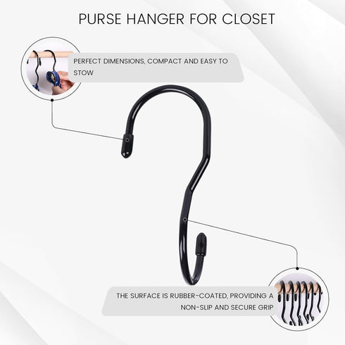 JOHOUSE 14PCS Purse Hanger for Closet, Large Size Closet Rod Hooks Black Vinyl Coated Bag Hanger Organizer Hooks Unique Twist Design for Bags Purs...