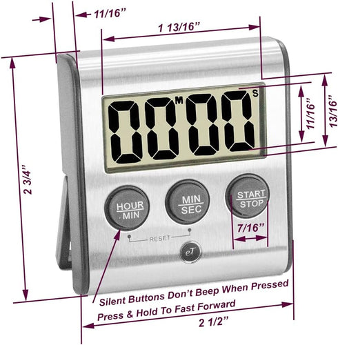 Elegant Digital Kitchen Timer, Stainless Steel Model eT-78, Displays 0-99 Min. or 0-99 Hr., Super Strong Magnet, Volume Switch for Mute/Soft/Loud ...