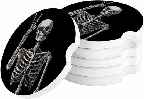 Cup Holders Car Coasters for Women/Men - 2 Pack Absorbent Ceramic Stone Drinks Coaster Set, Funny Skull Skeleton Halloween Victory...