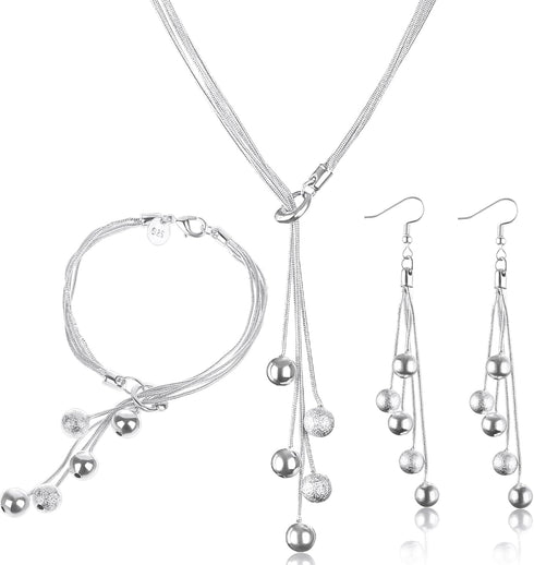 3 Pack Italian Silver Chain Necklace for Women Silver Five-line Chain Necklace Bracelet Drop Dangle Earrings Jewelry Set for Wedding Party Prom Bi...