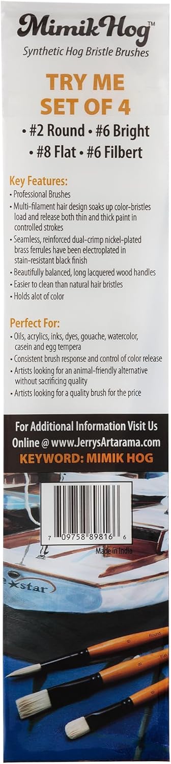 Mimik Hog Professional Synthetic Hog Bristle Paint Brush - Try-Me Set of 4 - Versatile Alternative to Natural Hog Hair Paint Brushes for Oil Paint...