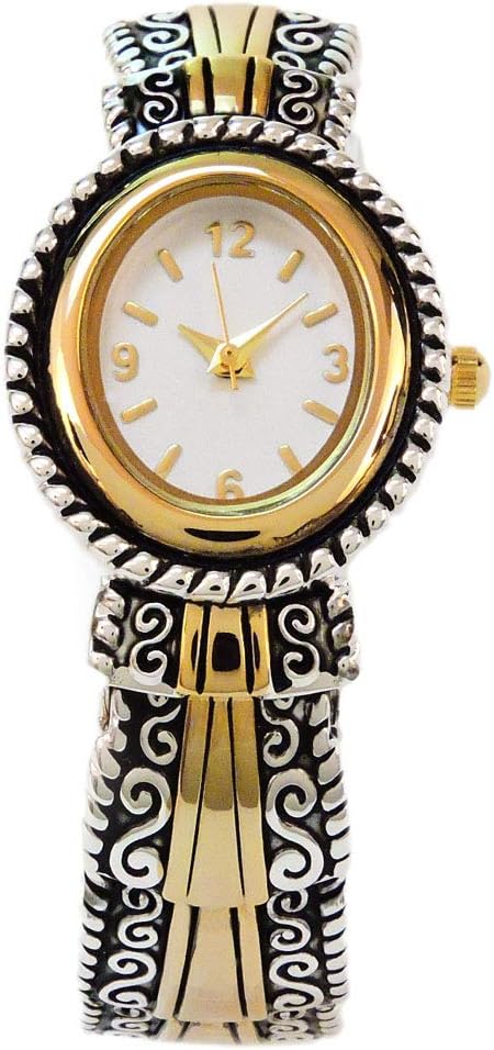 2Tone Metal Western Style Decorated Oval Face Women's Bangle Cuff Watch...