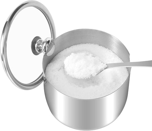 Stainless Steel Sugar Bowl with Clear Lid(for better recognition) and Spoon, Polished Shiny Condiment Pots for Serving Sugar Pepper Salt Spice- 10...