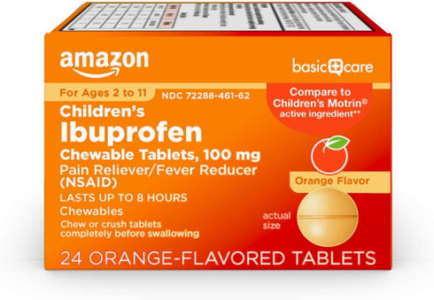 Amazon Basic Care Children's Ibuprofen Chewable Tablets, 100 mg, Pain Reliever and Fever Reducer, Orange Flavor, For Aches, Pains, Sore Throat, To...