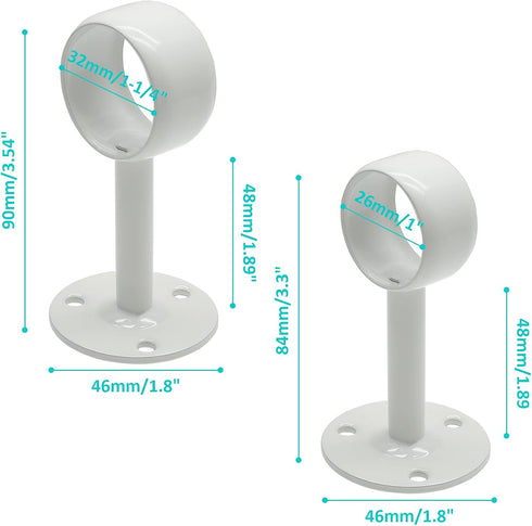 4Pcs Shower Curtain Closet Rod Holder 1'' & 1-1/4'' Ceiling Mount Pipe Flange Socket, Stainless Steel Curtain Rod Brackets, White...