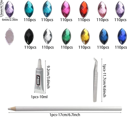 PAMIR TONG 1320pcs 6*12mm Horse Eye Shape Craft Gems Jewels Acrylic Flatback Rhinestones Gemstone with Tweezers Glue Picking pen for Bead Adhesive...