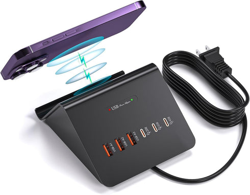 Multi-Device Charging Station, 100W GaN 6-Port USB C Charger Hub with 45W PD Wall Adapter & 15W Wireless Charger. Compatible with iPhone, iPad, Sa...