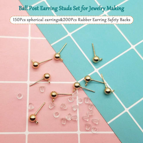 150Pcs Ball Post Earring Studs for Jewelry Making,Earrings Studs Ball Post Earrings with Loop with 200Pcs Clear Earring Backs Replacements for DIY...