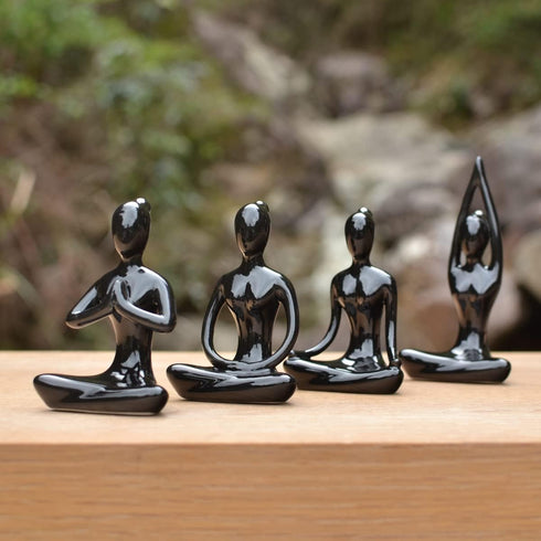 OwMell Lot of 4 Meditation Yoga Pose Statue Figurine Ceramic Yoga Figure Set Decor - Black...