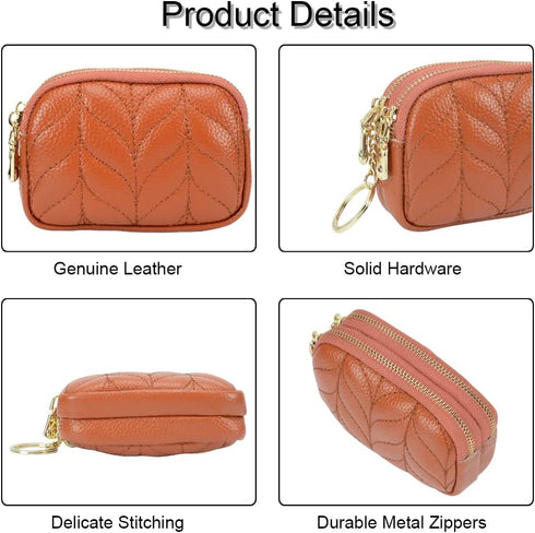 Small Coin Purse For Women Leather Change Pouch Wallet Double Zipper Card Holder with Key Chain...
