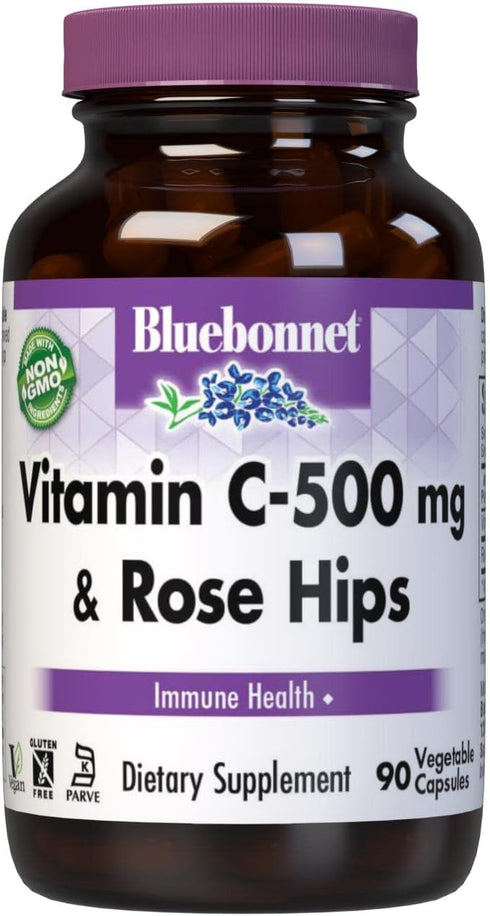 BlueBonnet Nutrition Vitamin C-500 mg Plus Rose Hips Vegetable Capules, for Immune Health, for Antioxidant Protection, Soy Free, Gluten Free, Non-...