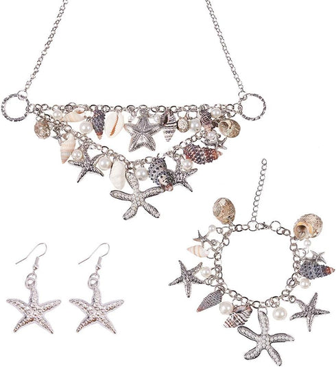 PH PandaHall 3 IN 1 Fashion Sea Shell Starfish Faux Pearl Collar Bib Statement Chunky Mermaid Tail Necklace Bracelet and Earrings Mermaid Costume ...