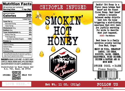 Bend Sauce Hot Honey - Chipotle Infused Organic Clover Honey - Gluten Free, Paleo, Non-GMO, Honey – Seasoning, Rub & Syrup - Unique Gifts (11 oz) ...