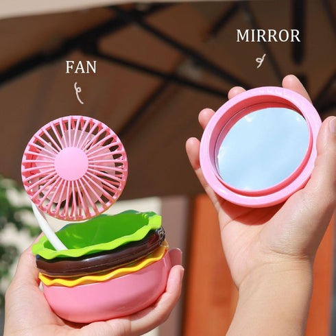 Portable Mini Desk Fan with Mirror, 3 Speeds Airflow, 360° Rotation, USB Rechargeable, Burger Shape Summer Gift Table Fan Handheld (Brown)...