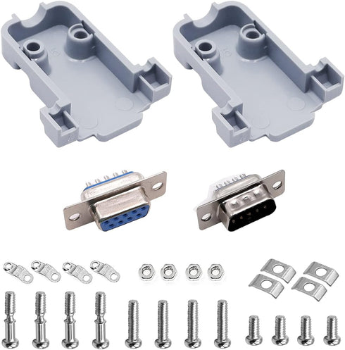 18Pack DB9 Connector Adapter Kit, 9 Pin D-SUB Male/Female Solder Cup Connectors, Tin Plated Housing, Lightweight Gray Plastic Hoods, Individually ...