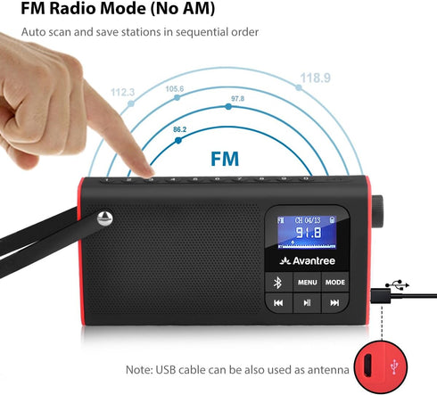Avantree SP850 Rechargeable Portable FM Radio with Bluetooth Speaker and SD Card MP3 Player 3-in-1, Auto Scan Save, LED Display, Small Handheld Po...