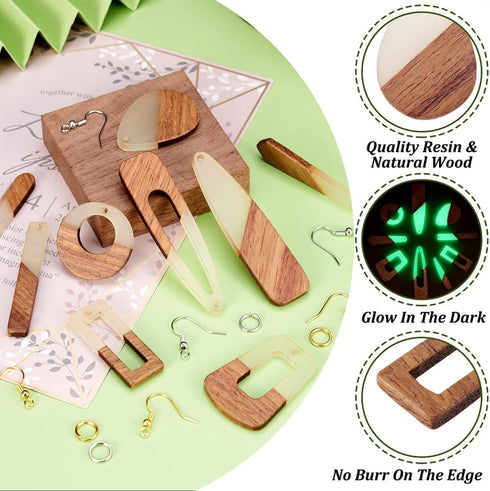 FASHEWELRY 18pcs Wood Resin Earrings Making Kit Glow in The Dark Boho Wooden Charms & Earring Hooks & Jump Rings for DIY Earring Necklace Jewelry ...