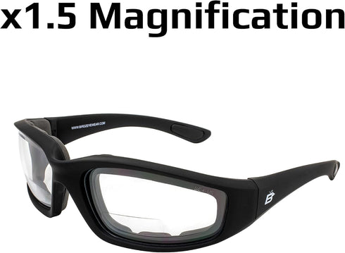 Birdz Eyewear Oriole Padded Safety Bifocal Motorcycle Glasses Black Frame Clear Lenses 1.5 Magnification Carry Bag...