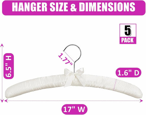 Amber Home 5 Pack 17 Inch Large Ivory Satin Padded Hangers for Women Clothing, Anti Slip Cushioned Hangers for Sweaters, Silk Hangers Fancy Dress ...