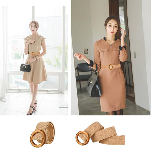 VALICLUD Elastic Wide Tan Belt Women Straw Rattan Waist Band with Wood Buckle for Women Ladies Dresses Jeans Belt Vintage Accessory Waistband Wais...