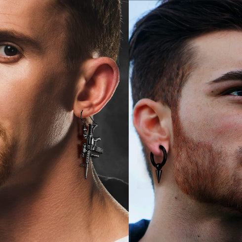 16 Pairs Stainless Steel Punk Y2K Black Dangle Earrings for Men, Axe Skull Screw Cone etc Huggie Hoop Long Chain Piercing Hoop Earrings Set for Un...