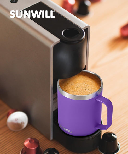 SUNWILL Insulated Coffee Mug with Lid, Travel Tumbler with Handle, 14 oz Stainless Steel Cup for Camping, Office, Home, Powder Coated Purple...