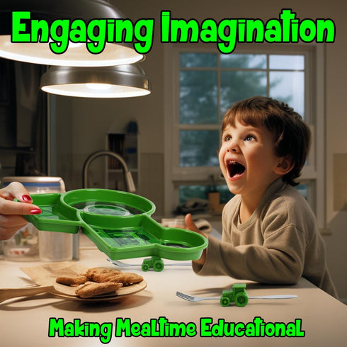 Funwares Green Tractor Engaging Kids' Dinnerware Set: Durable, Divided Plate, Fun Fork and Spoon, Ideal for Picky Eaters, Educational Mealtime, Ea...