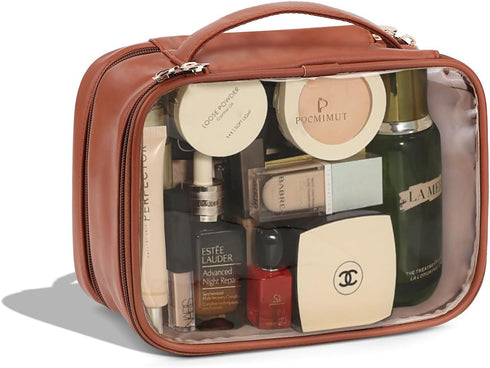 Pocmimut Makeup Bag,PU Leather Large Clear Makeup Bag Double Layer Travel Makeup Bag with Make Up Brush Bag Travel Essentials Organizers(Brown)...