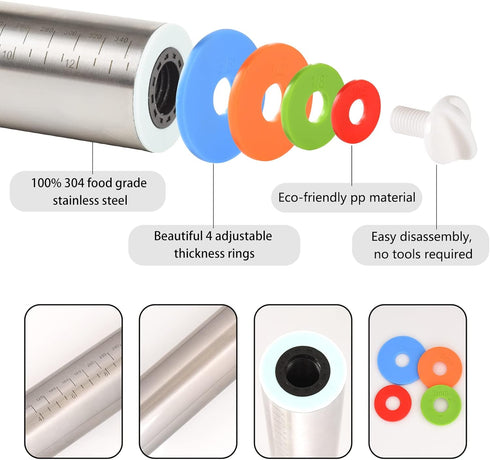 Adjustable Rolling Pin With 4 Thickness Rings, Stainless Steel Dough Roller Pizza Roller Handle Press Design With Measurement Guide For Baking, Fo...