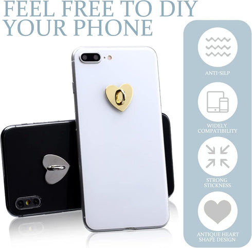 12 Pcs Cell Phone Charm Hook Finger Rings Adhesive Phone Finger Grip Loop Stand Metal Phone Charm Rings Sticky Heart Ring Phone Holder Heart Phone...