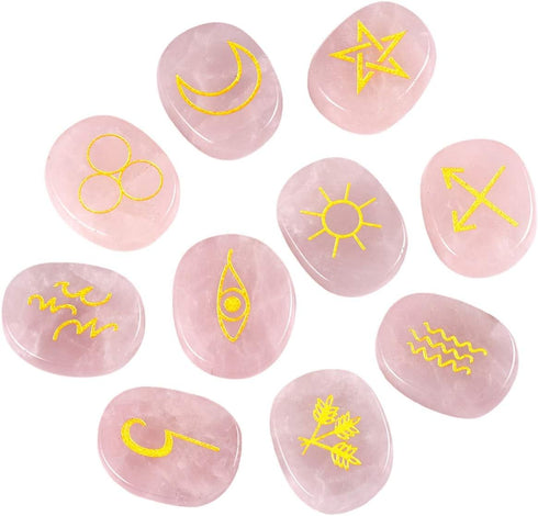 SUNYIK Natural Engraved Runes Stone Set of 10, Gypsy Symbols Healing Crystal Reiki Pocket Palm Stones Kit for Meditation Divination, Rose Quartz...