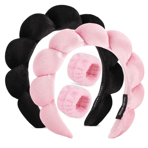 Puffy spa Headband for Washing Face, Velvet Makeup Headband, Set of 2 Skincare Headbands, Bubble Skincare Headbands with Face Wash Wristbands, Puf...