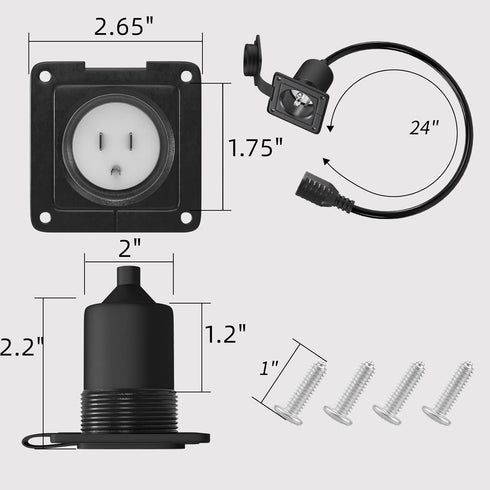 RVGUARD 15 Amp 125V AC Power Inlet Port Plug with Integrated 24" Extension Cord, NEMA 5-15 Flanged Inlet, Compatible with Waterproof Front & Back ...